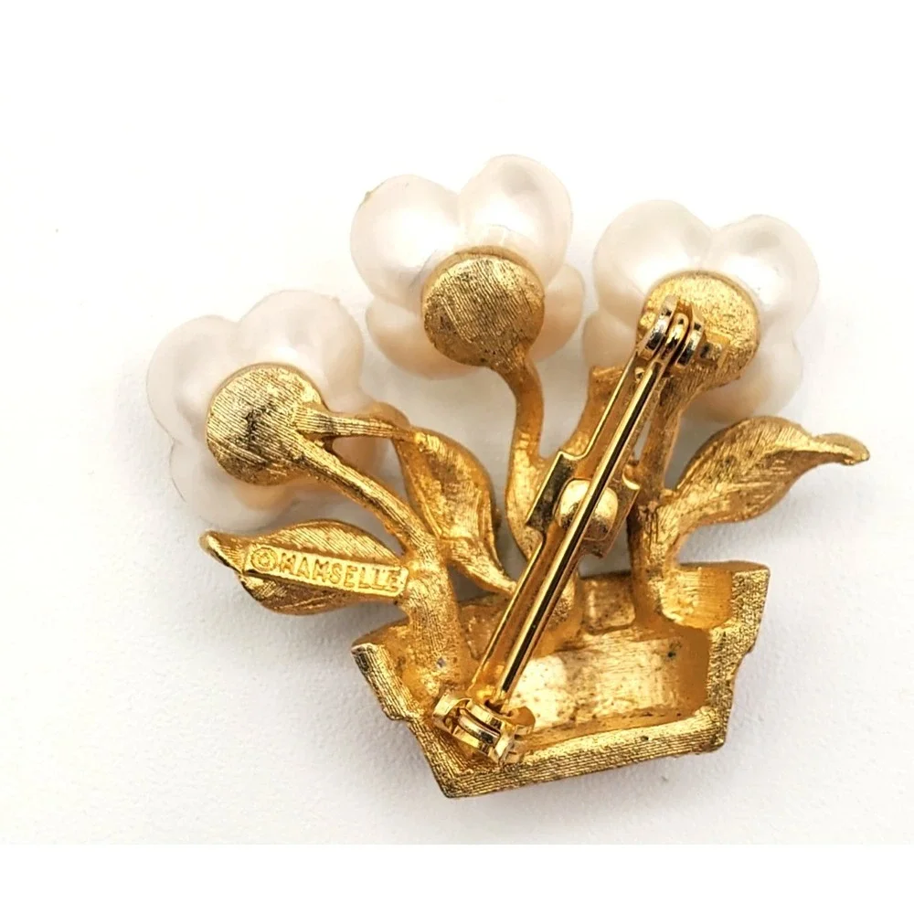Vintage Flowers in a Pot w Faux Pearls Pin Brooch Mamselle Gold Tone Enameled
